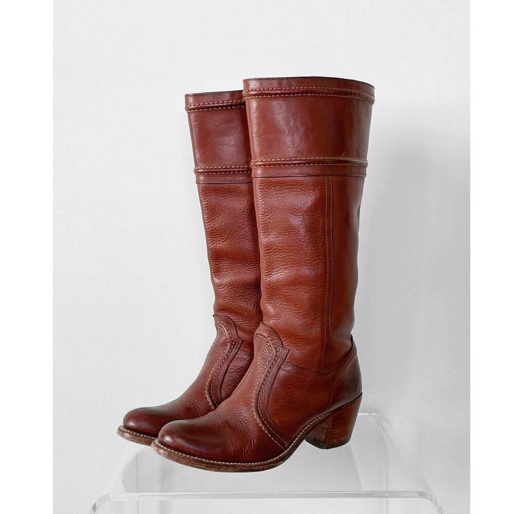 FRYE Jane Stitch Dark Brown Redwood Leather Riding Boots 77230  (8.5)